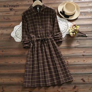 YESSTYLE Women's brown long-sleeved collared plaid cottagecore dress